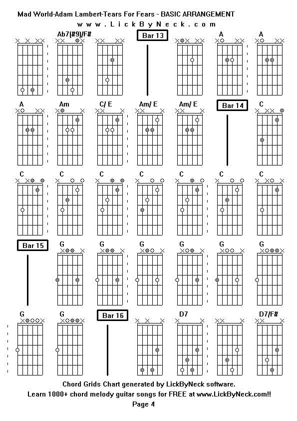 Chord Grids Chart of chord melody fingerstyle guitar song-Mad World-Adam Lambert-Tears For Fears - BASIC ARRANGEMENT,generated by LickByNeck software.